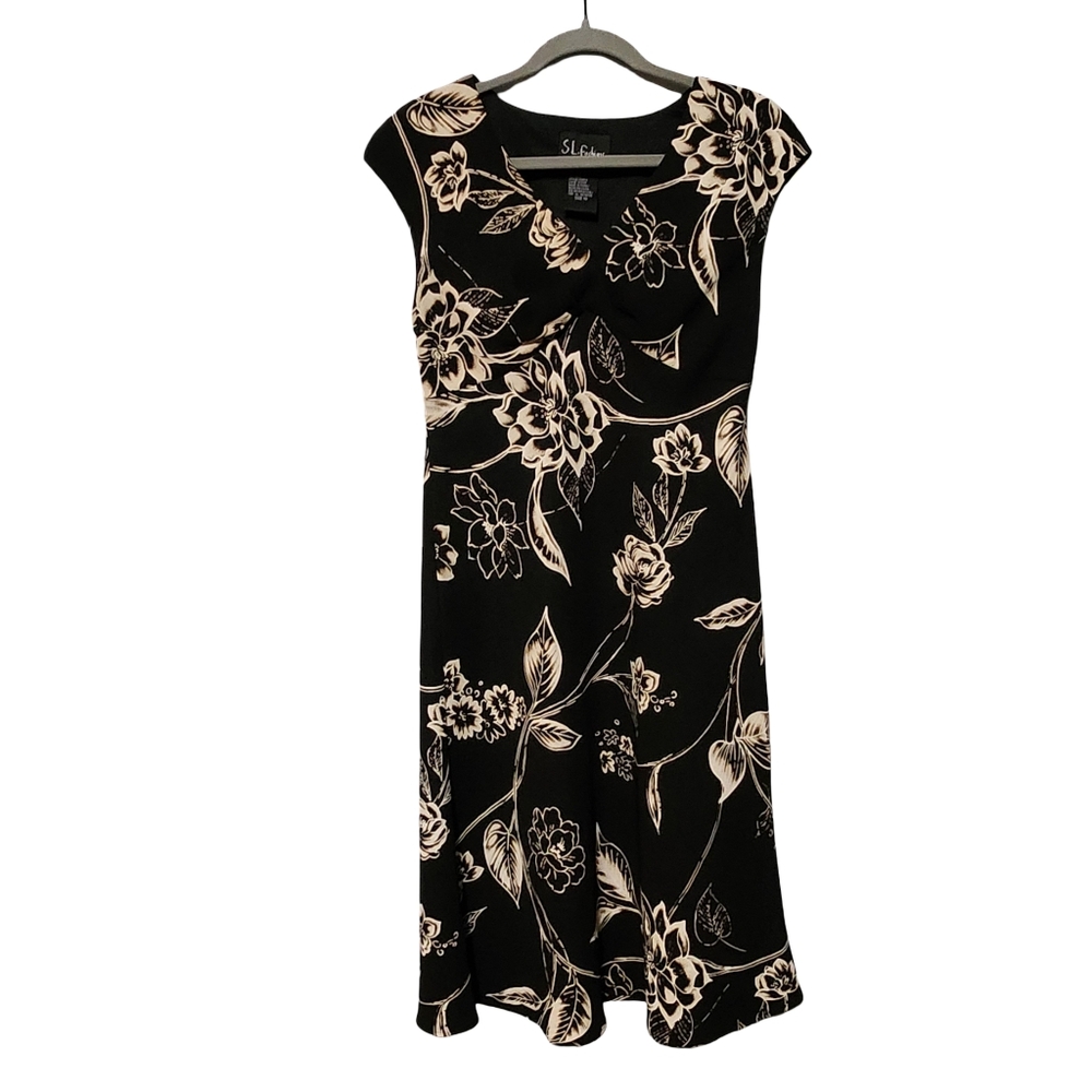 SL FASHIONS Dress Womens 10 Black Beige Floral Midi Career Elegant Formal Party - Picture 3 of 7